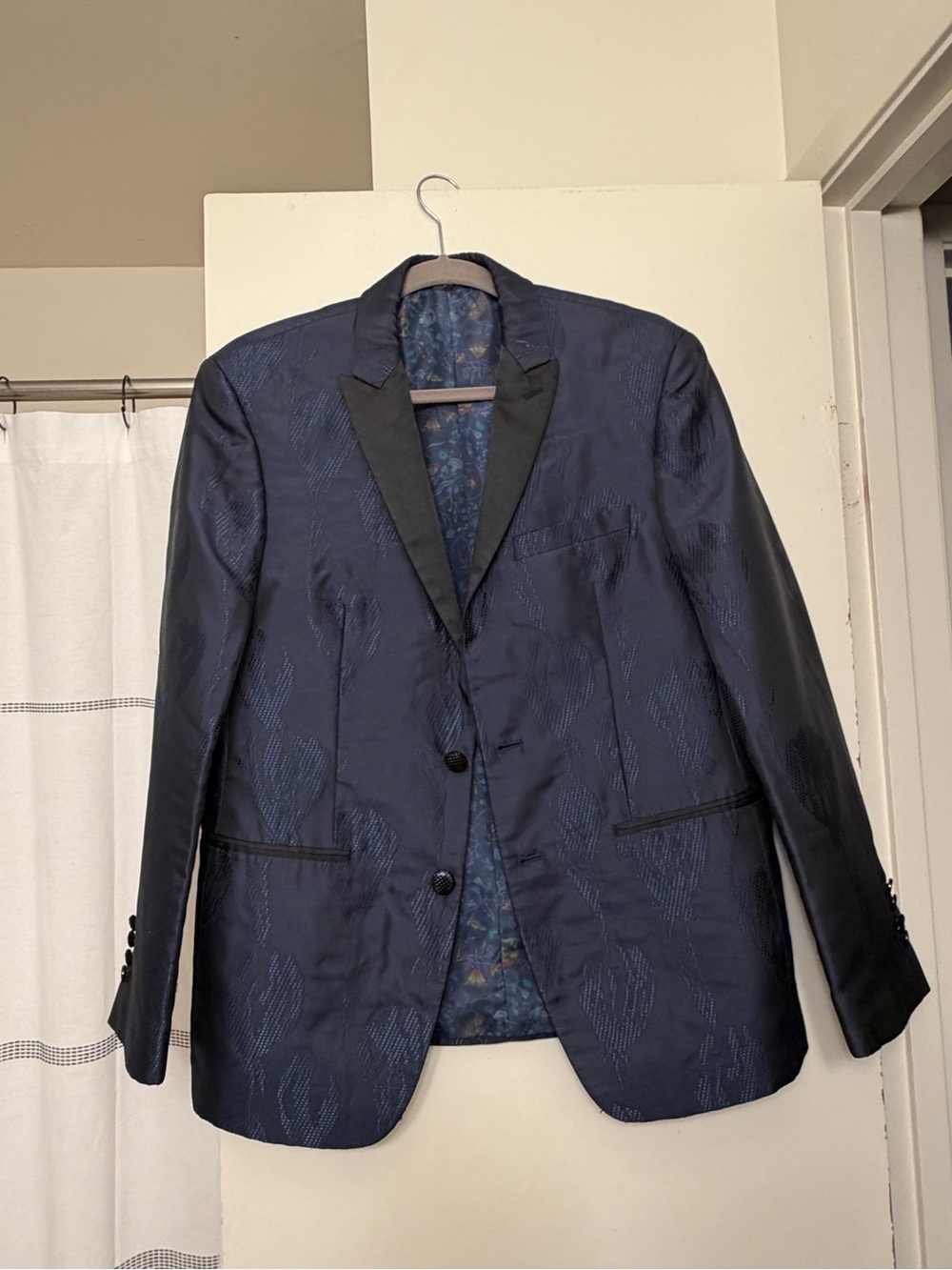 TALLIA Navy Jacquard Blazer with Black Satin Lapels